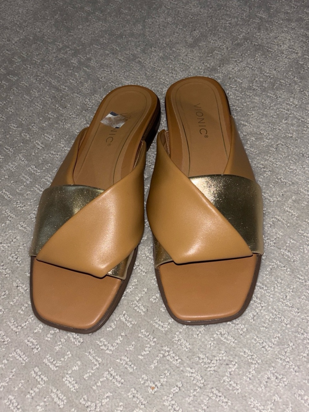 Vionic Tan with Gold Crossover Slide Sandals